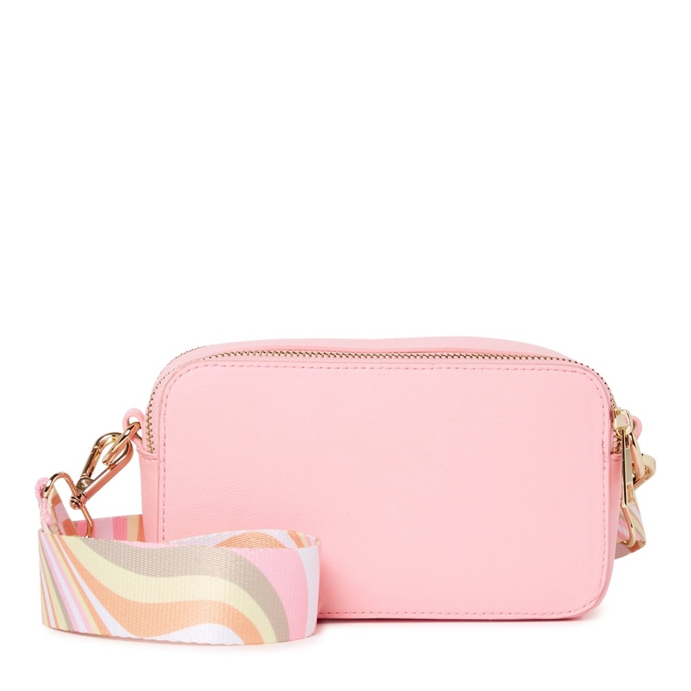 Pink Crossbody Camera Bag with Patterned Strap and interchangeable pink strap.